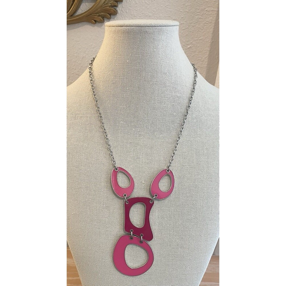 Funky Modern Geo Shape Abstract Pink Red Enamel Silver Tone Necklace